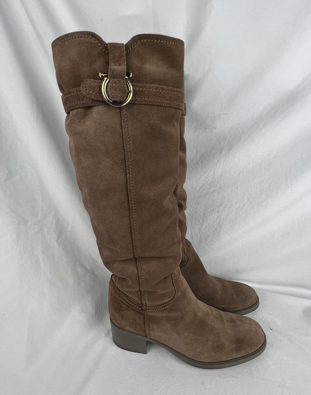 SALVATORE FERRAGAMO Robespierre Boots 11 B Suede Shearling Gancini Knee High